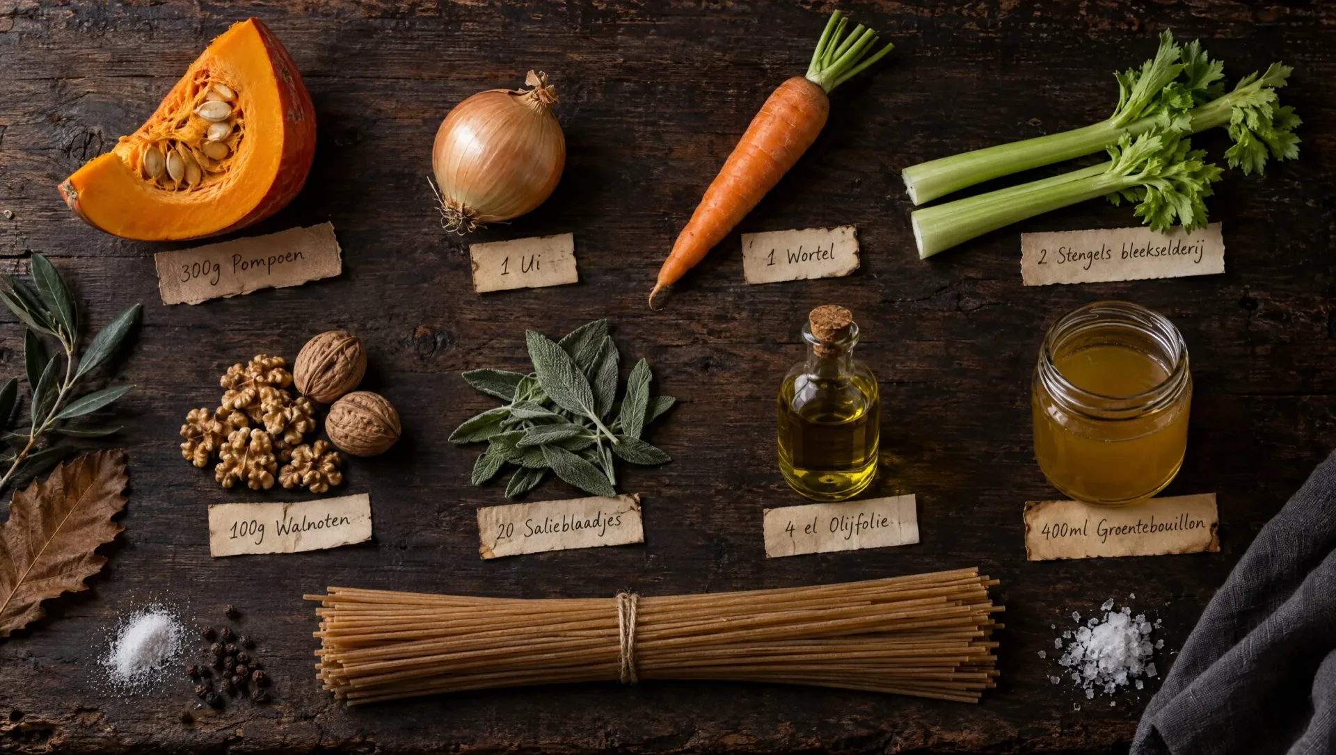 Ingrediënten voor spaghetti met pompoenragù: Hokkaido-pompoen, walnoten, salie, ui, wortel, bleekselderij en spaghetti