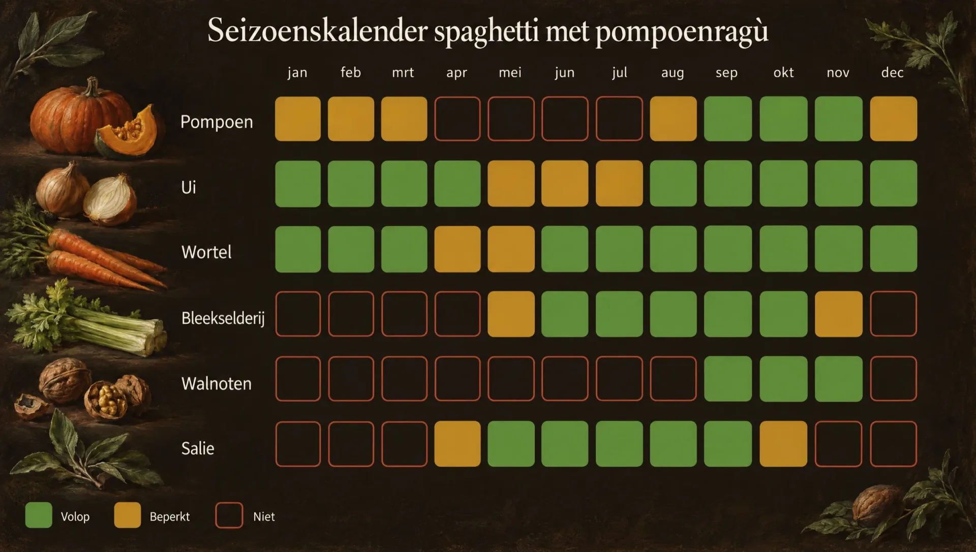 Seizoenskalender voor spaghetti met pompoenragù, met pompoen en verse walnoten van september tot november