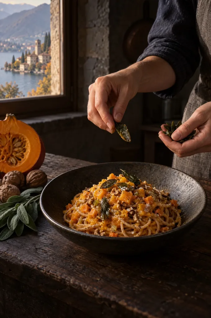 Handen van de kok strooien gefrituurde salie over spaghetti met pompoenragù in een donkere keuken bij een meer bij Mantova