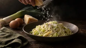 Spaghetti met preiroom en Parmigiano op een Piemontese herfsttafel, met rauwe prei, eieren en een stuk Parmigiano