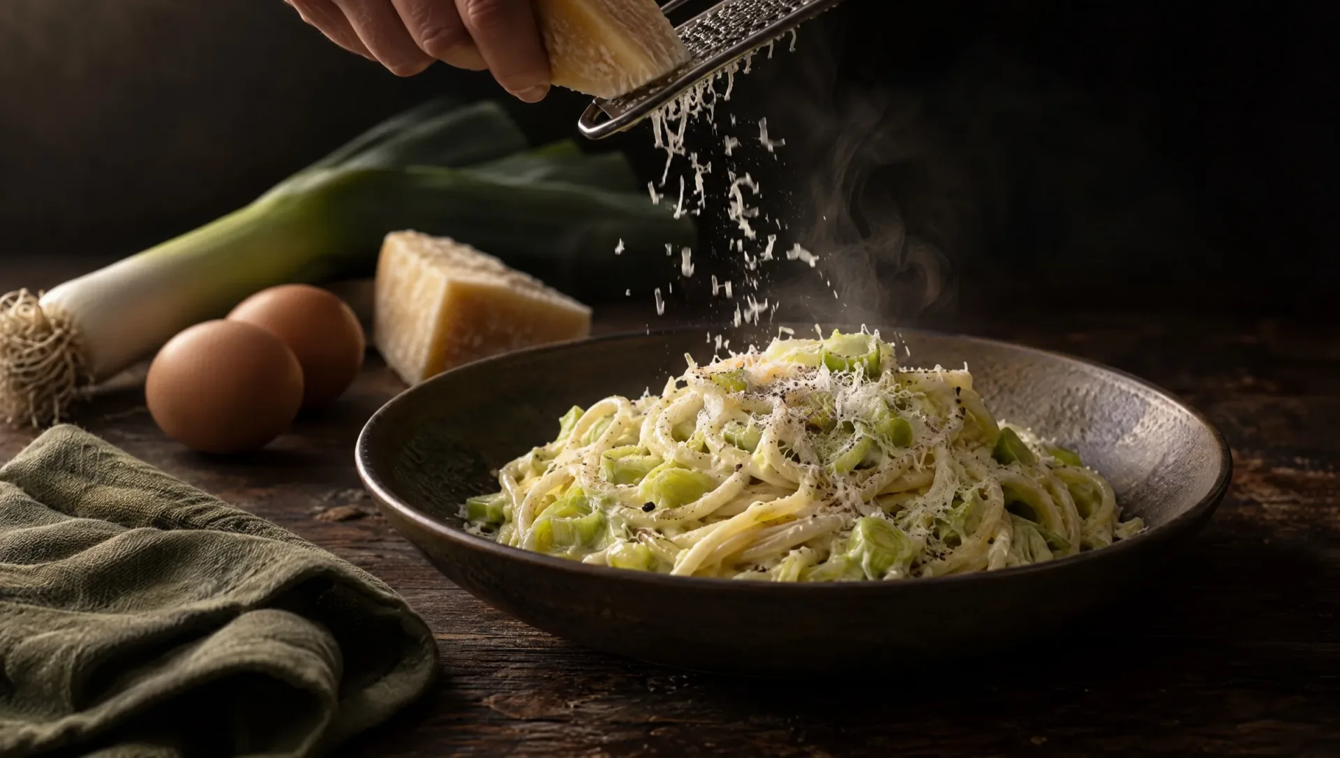 Spaghetti met preiroom en Parmigiano op een Piemontese herfsttafel, met rauwe prei, eieren en een stuk Parmigiano