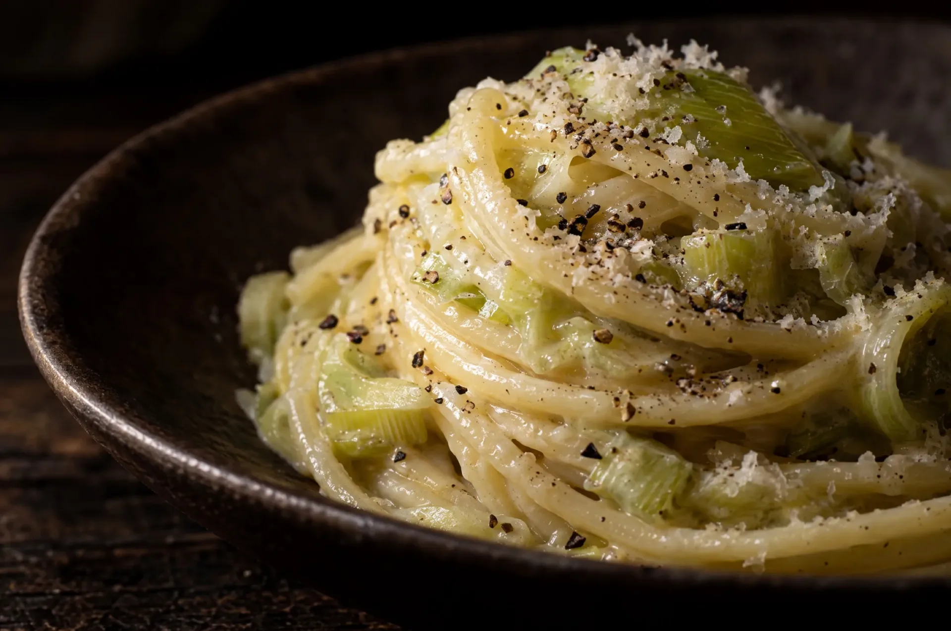 Macro van spaghetti met preiroom: glanzende lichtgroene saus om de draden, met geraspte Parmigiano en zwarte peper
