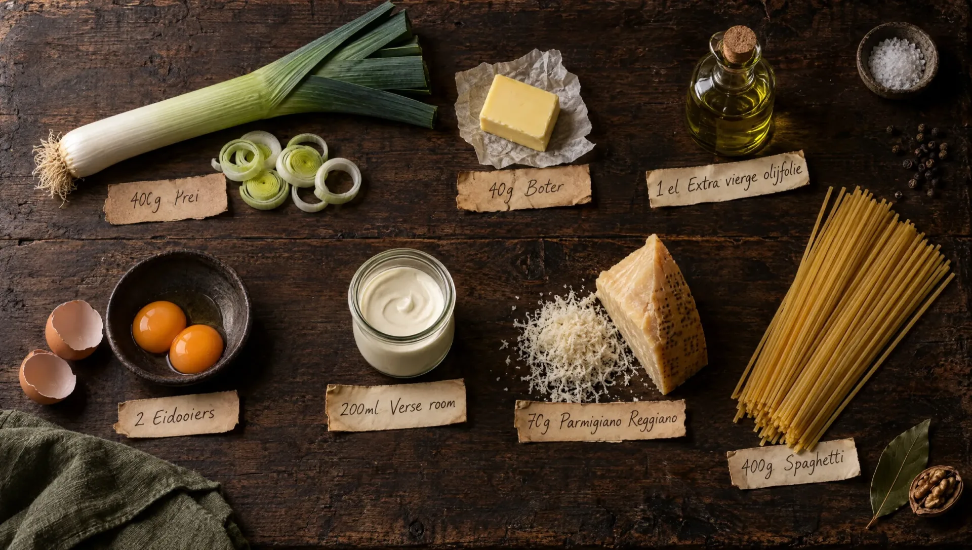 Ingrediënten voor spaghetti met preiroom: prei, spaghetti, room, eieren, boter, Parmigiano Reggiano en olijfolie