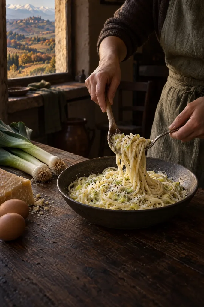 Handen van de kok scheppen spaghetti met preiroom om in een donkere keuken bij het raam met zicht op Piemonte