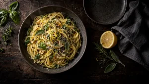 Spaghetti met verse kruiden en citroenschil op een donkere tafel, met een halve citroen, rozemarijn, salie en basilicum
