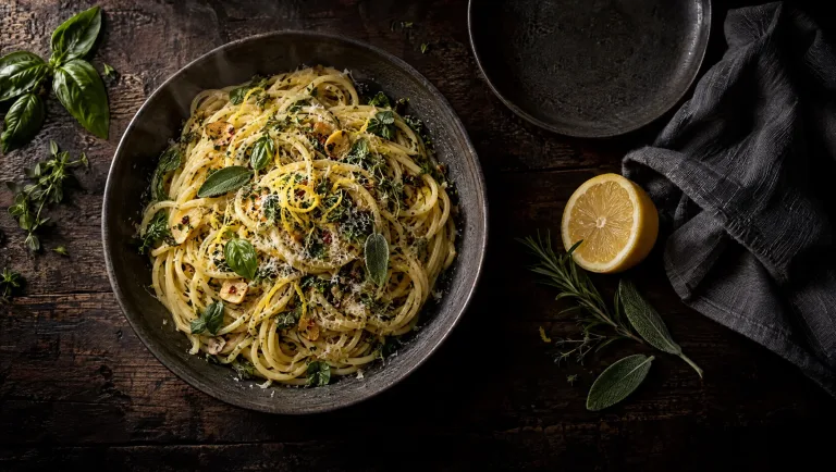 Spaghetti met verse kruiden en citroenschil op een donkere tafel, met een halve citroen, rozemarijn, salie en basilicum