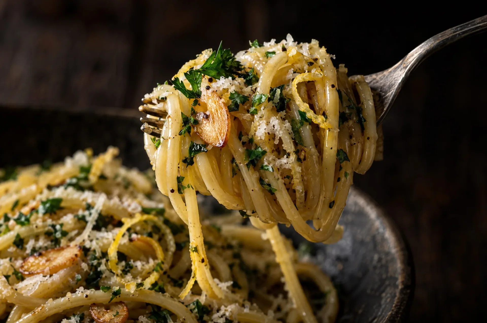 Close-up van spaghetti met verse kruiden: glanzende slierten met groene snippers, citroenschil en geraspte Parmigiano