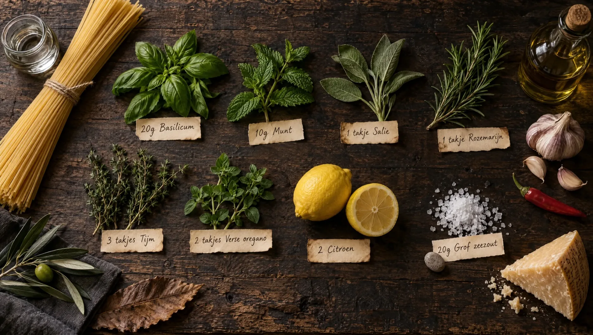 Ingrediënten voor spaghetti met verse kruiden: zes tuinkruiden, citroenen, knoflook, rode peper, spaghetti en Parmigiano