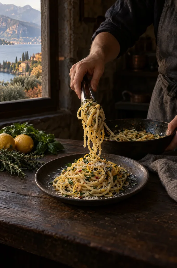 Handen van de kok scheppen spaghetti met verse kruiden in een donkere keuken bij het raam, met uitzicht op het Gardameer
