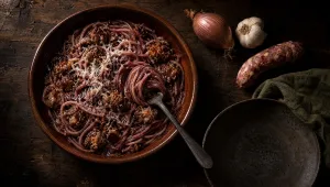 Spaghetti ubriachi met salsicciabolletjes op tafel in Toscane in de herfst, met rauwe salsiccia, sjalot en knoflook
