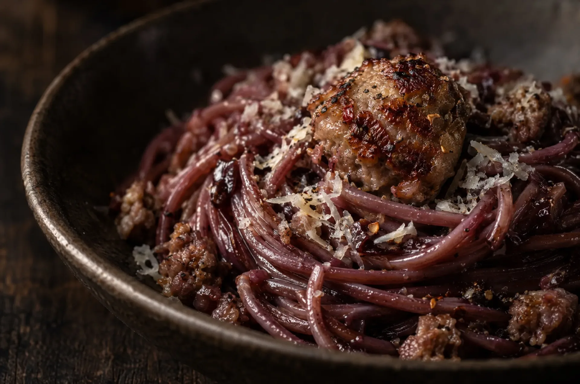 Close-up van spaghetti ubriachi met glanzende rode saus en een bruin gebakken bolletje salsiccia