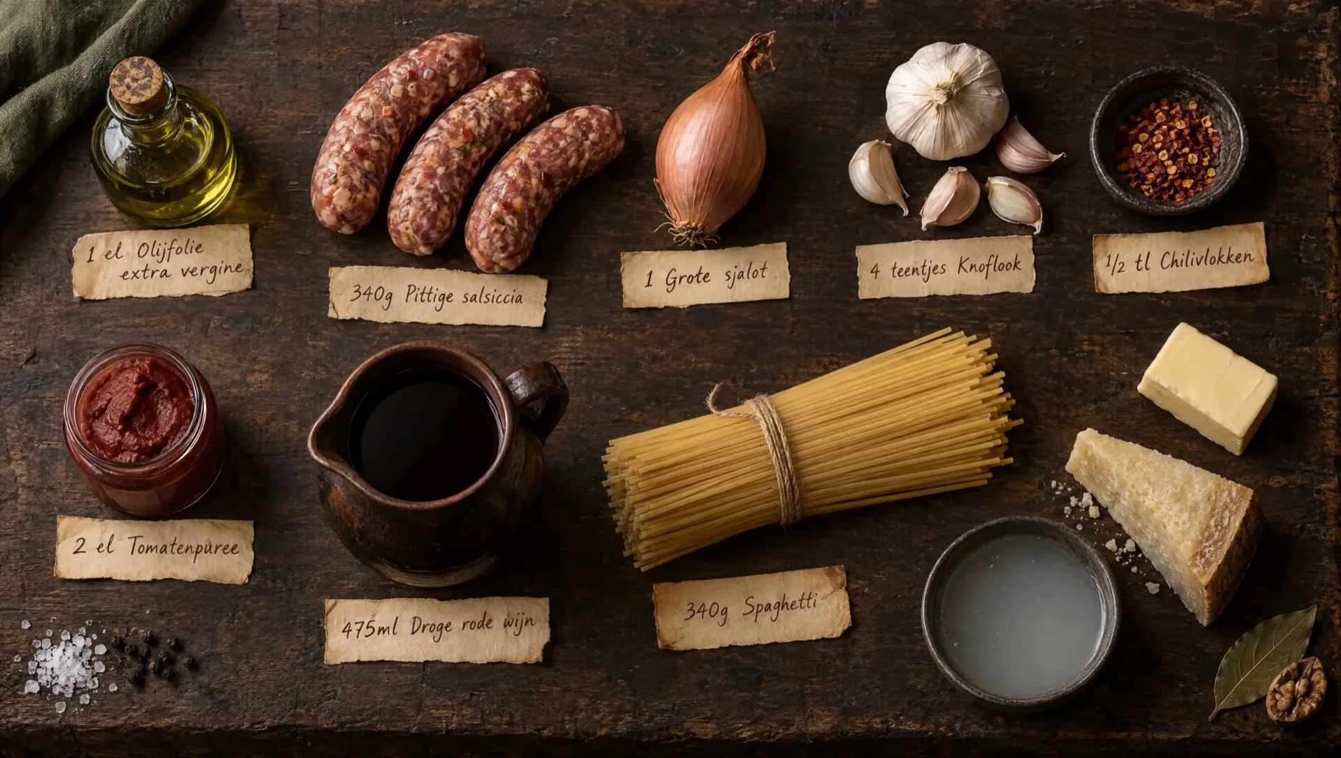 Ingrediënten voor spaghetti ubriachi: spaghetti, salsiccia, sjalot, knoflook, tomatenpuree, rode wijn, boter en Parmigiano