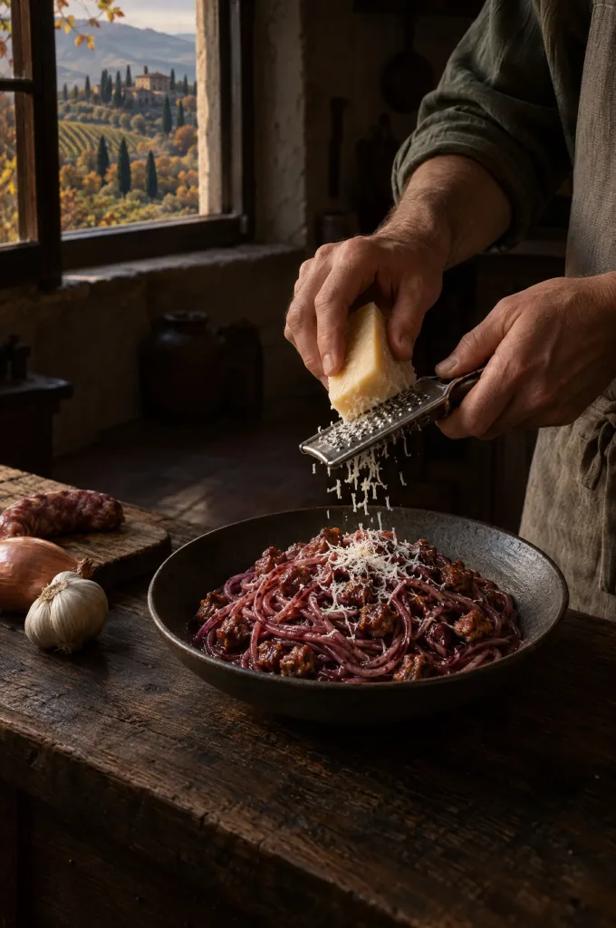 Handen van de kok bij spaghetti ubriachi in een donkere keuken bij het raam, uitzicht op Toscaanse heuvels