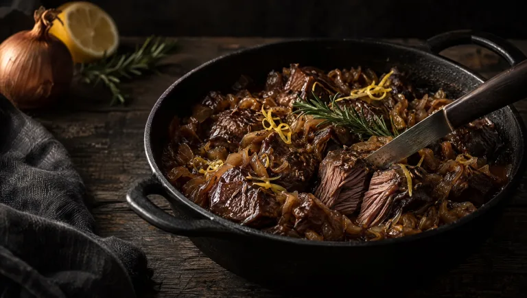 Spezzatino alla pusterese in een gietijzeren pan op een houten tafel in Val Pusteria, met uien, rozemarijn en citroen