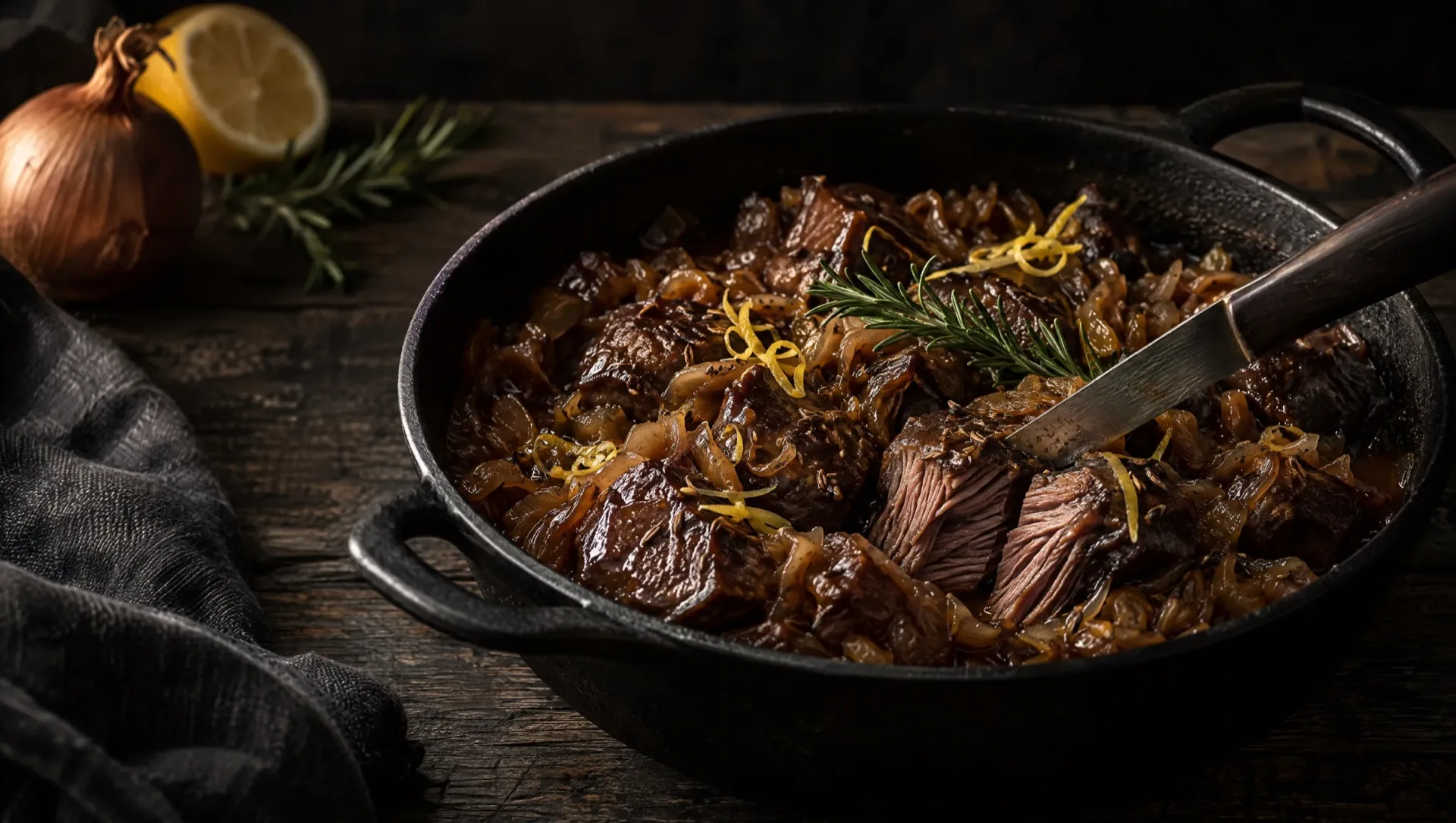 Spezzatino alla pusterese in een gietijzeren pan op een houten tafel in Val Pusteria, met uien, rozemarijn en citroen