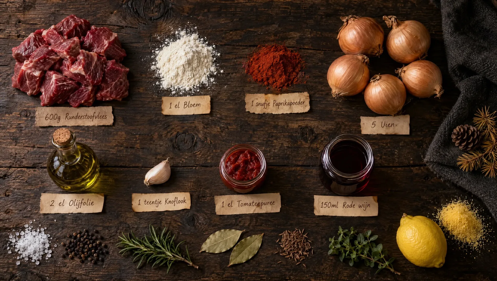Ingrediënten voor spezzatino alla pusterese: runderstoofvlees, uien, rode wijn, karwijzaad, citroen, rozemarijn en laurier
