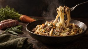 Zelfgemaakte stringozzi met salsicciaragù en fontinacrème op een houten tafel in Umbrië in de herfst, met rauwe salsiccia, wortel en salie