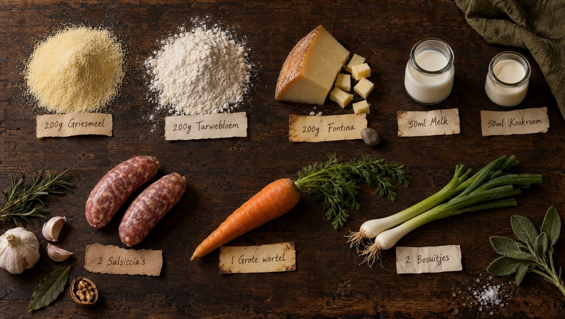 Ingrediënten voor stringozzi: griesmeel, bloem, rauwe salsiccia, fontina, wortel, bosui, knoflook, rozemarijn en salie
