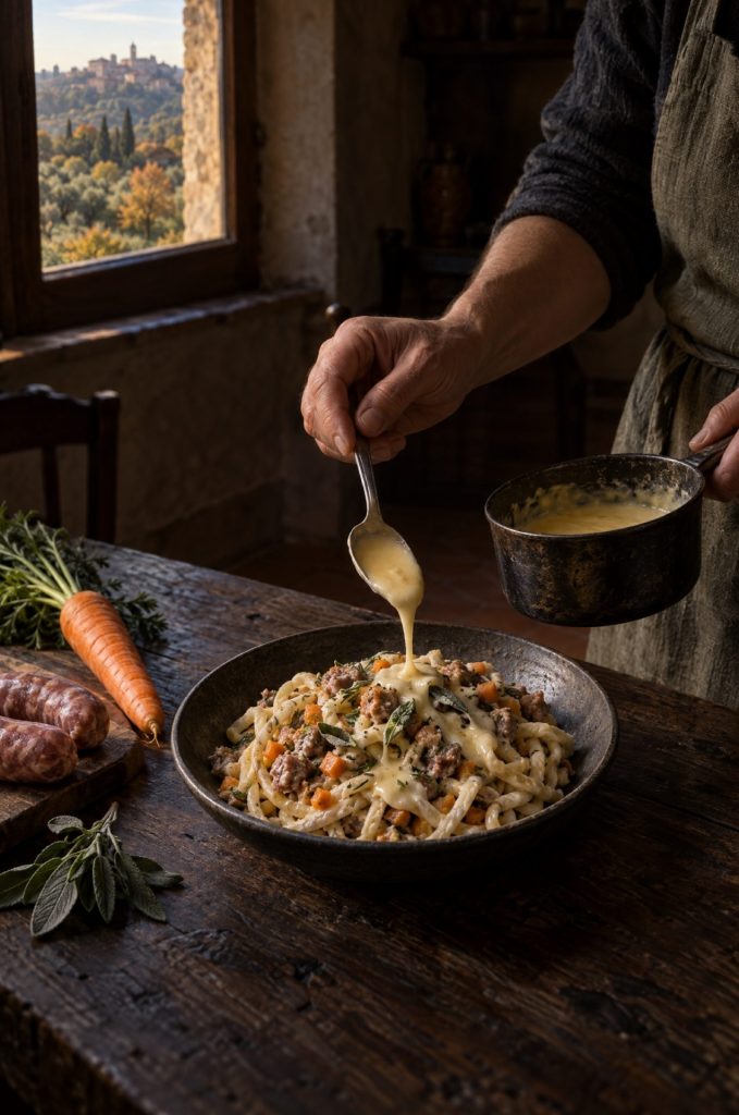 Handen lepelen fontinacrème over een schaal stringozzi al ragù di salsiccia, met de heuvels van Umbrië door het raam