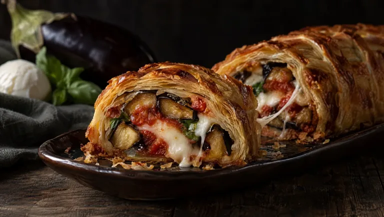 Aangesneden strudel alla parmigiana op een donkere schaal in Zuid-Tirol in oktober, met aubergine, mozzarella en basilicum
