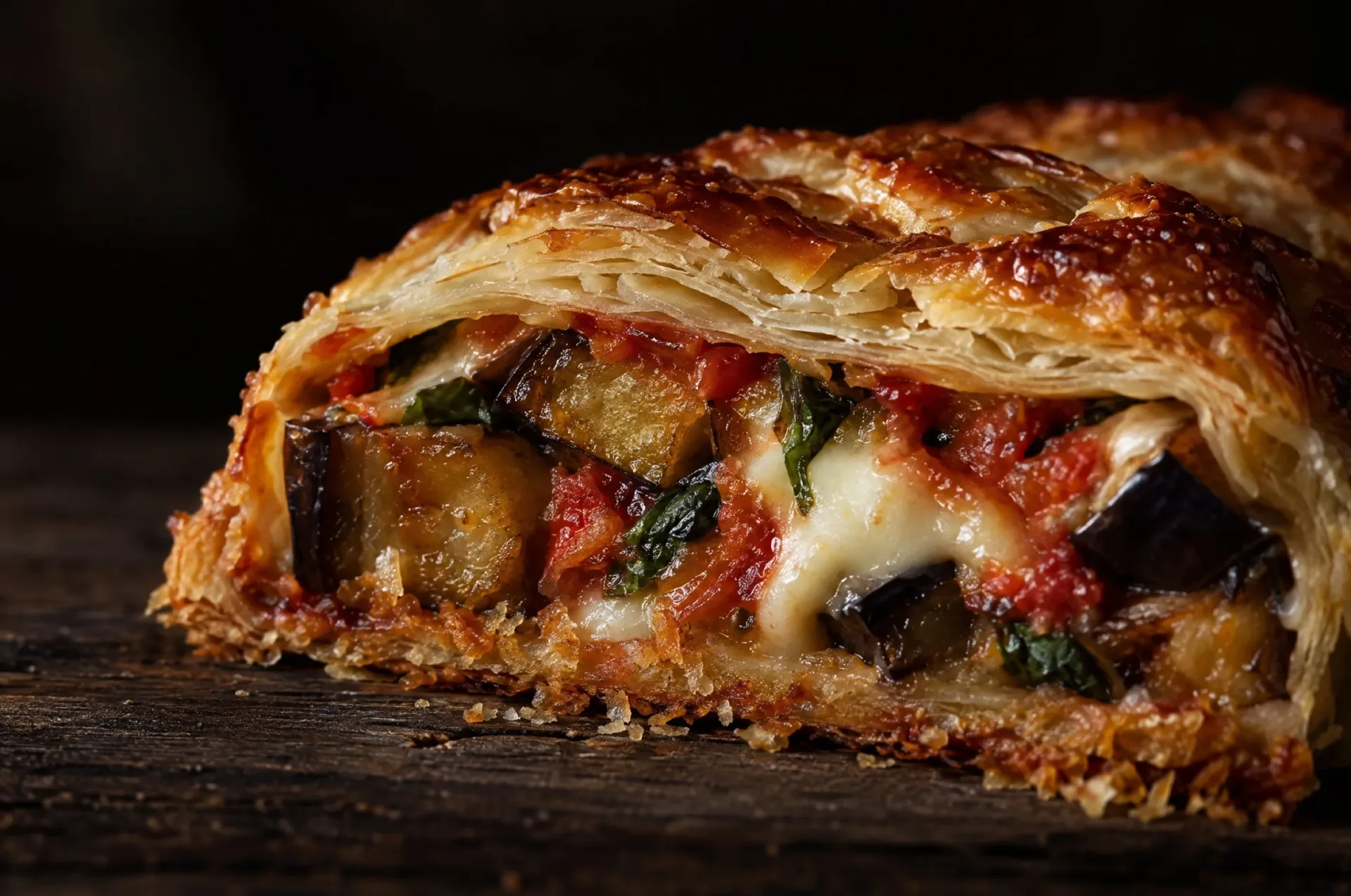 Doorsnede van strudel alla parmigiana: krokante laagjes bladerdeeg rond aubergine, tomaat en gesmolten mozzarella