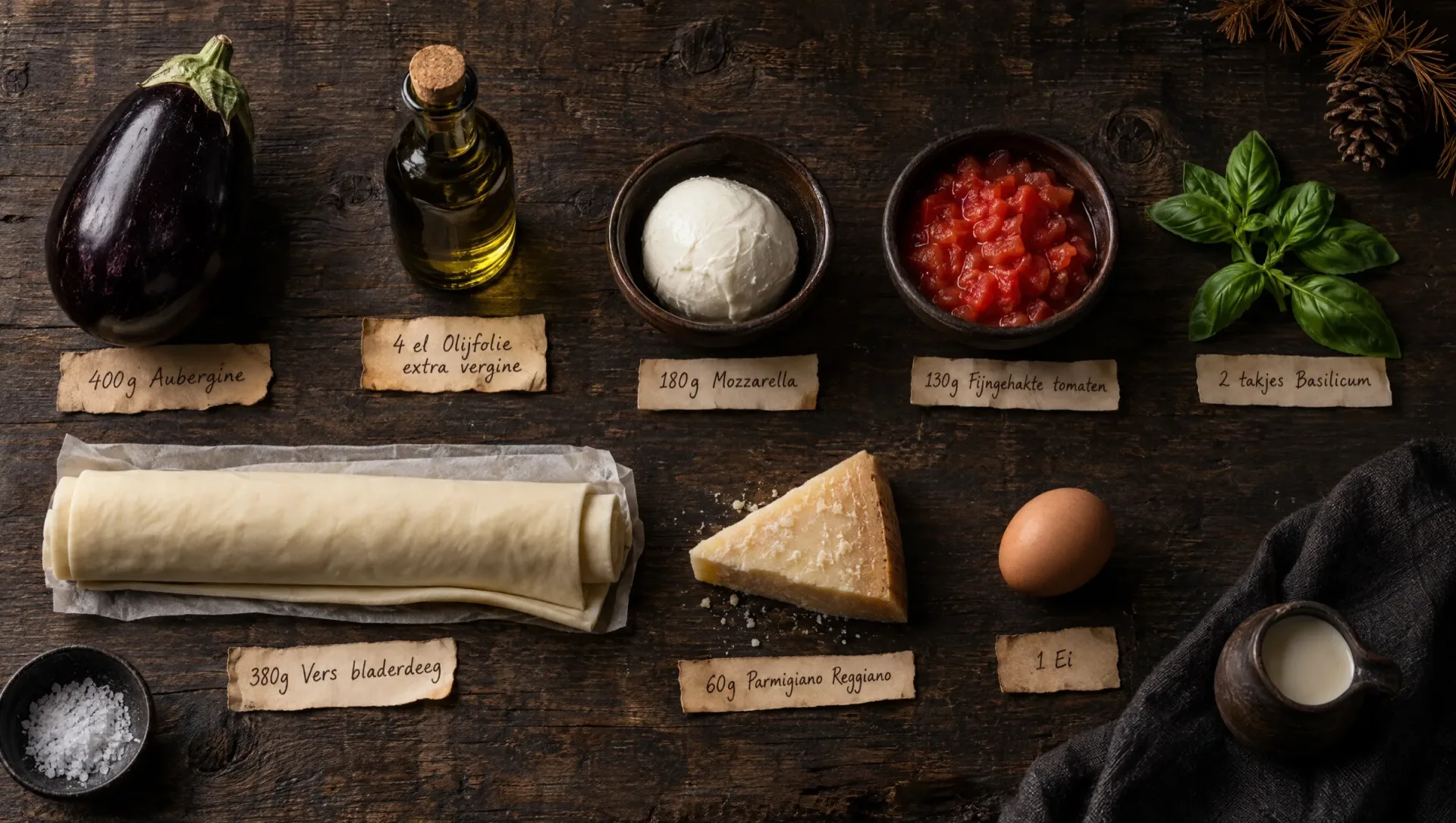 Ingrediënten voor strudel alla parmigiana: aubergines, mozzarella, Parmigiano, tomaat, basilicum, bladerdeeg en een ei