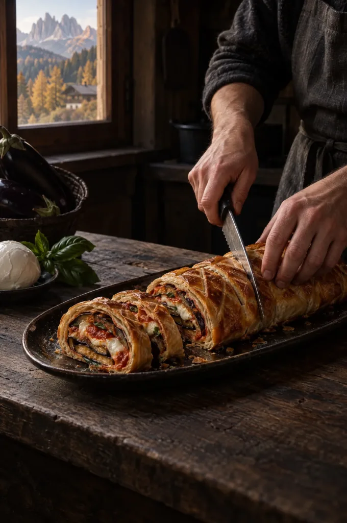 Handen van de kok snijden strudel alla parmigiana aan in een donkere keuken bij het raam, met zicht op de Dolomieten