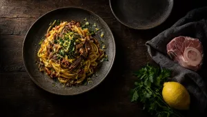 Tagliolini met ossobucoragù op een donkere houten tafel in Lombardije, met kalfsschenkel, citroen en peterselie