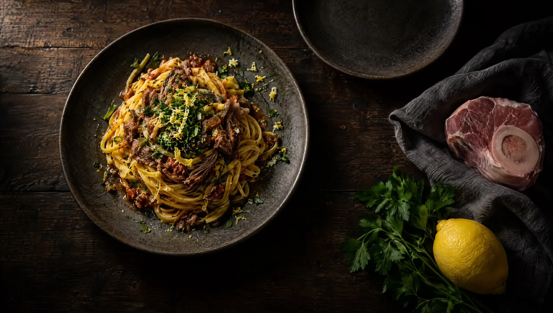 Tagliolini met ossobucoragù op een donkere houten tafel in Lombardije, met kalfsschenkel, citroen en peterselie
