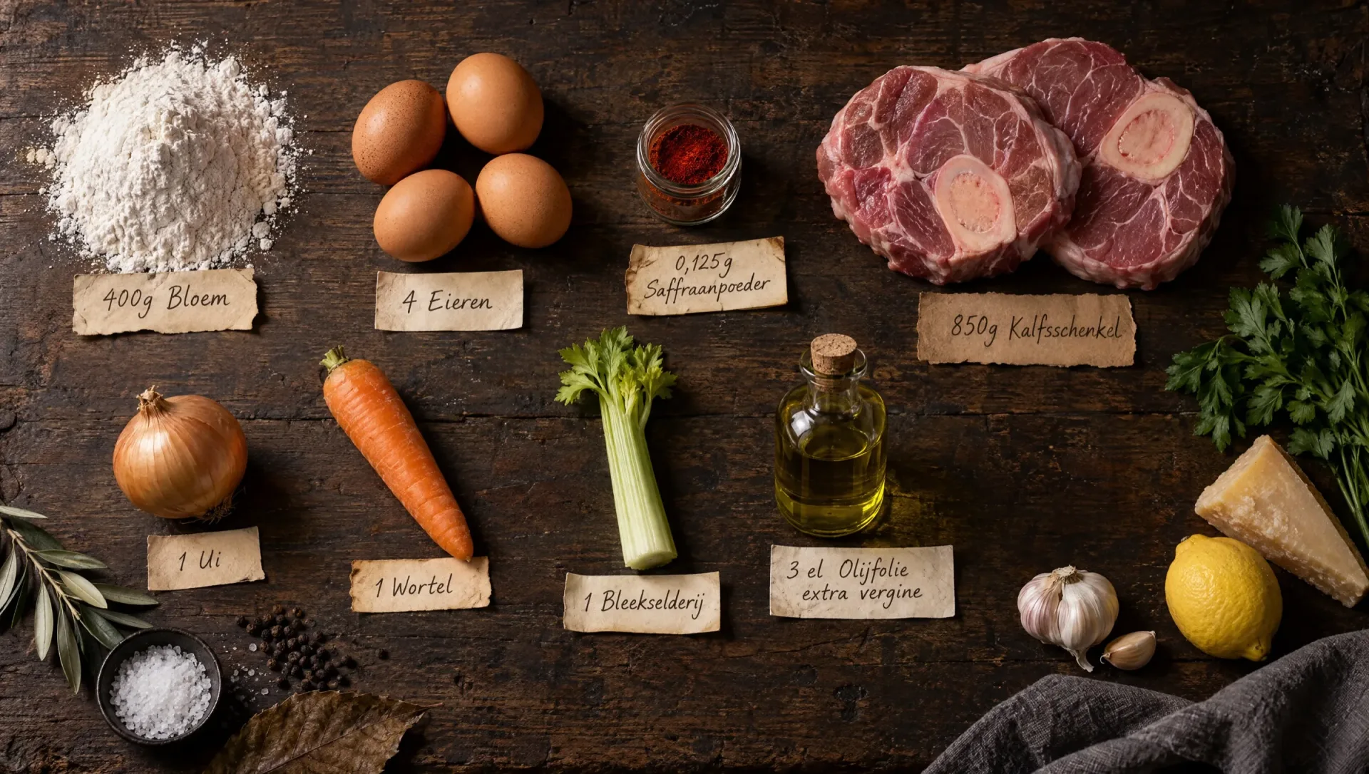 Ingrediënten voor tagliolini met ossobucoragù: kalfsschenkel, eieren, bloem, saffraan, soepgroenten en olijfolie
