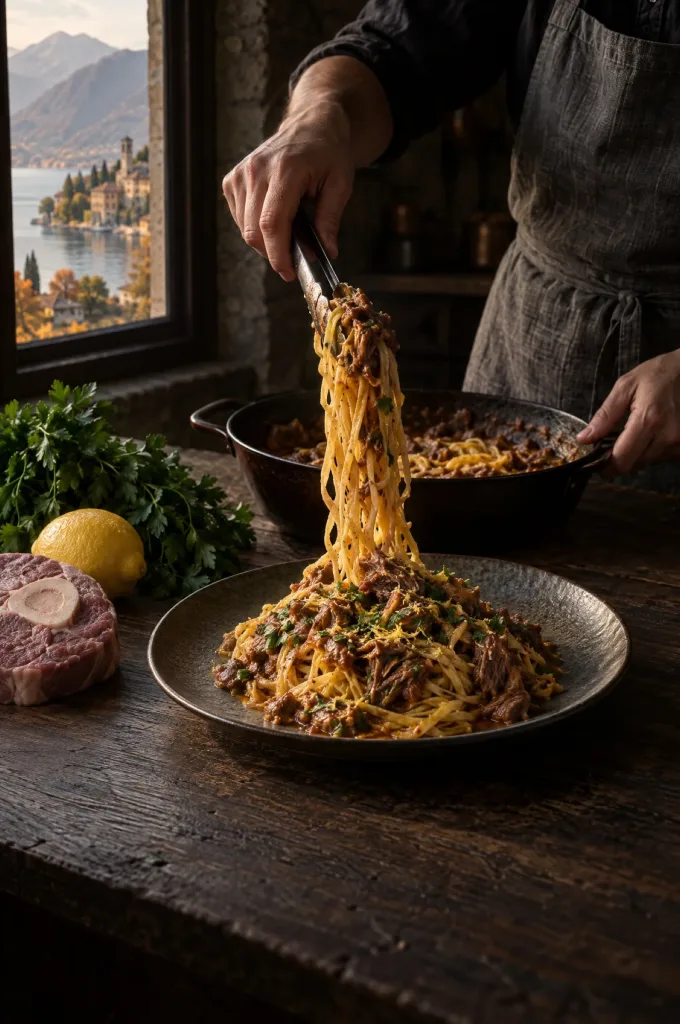 Handen van de kok scheppen tagliolini met ossobucoragù in een donkere keuken, door het raam een Lombardisch meer