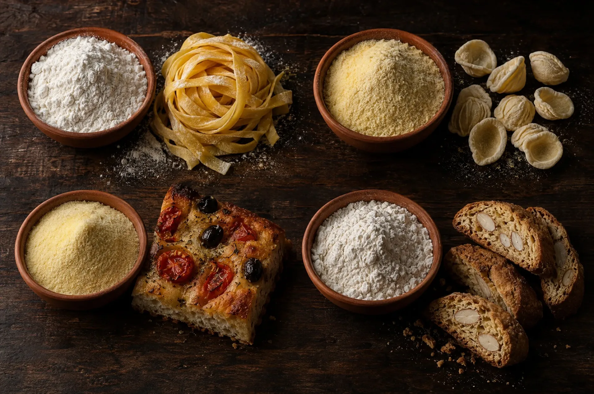 Vier kommen Italiaanse bloem naast verse tagliatelle, orecchiette, focaccia barese en cantuccini