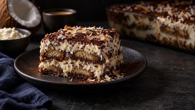 Tiramisu met kokos in laagjes op een donker bord, met een halve kokosnoot, mascarpone en espresso
