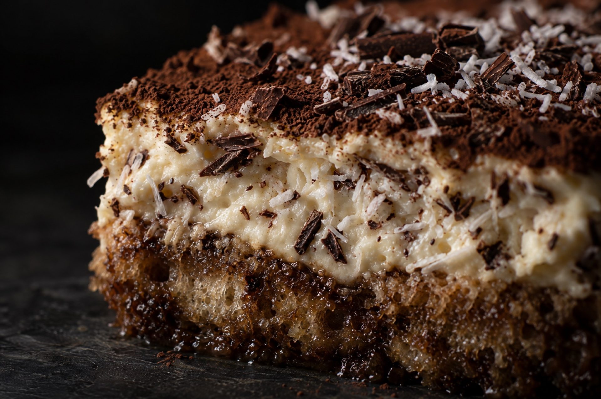 Macro van tiramisu met kokos: de witte crème met chocoladesnippers boven een in koffie gedrenkte lange vinger