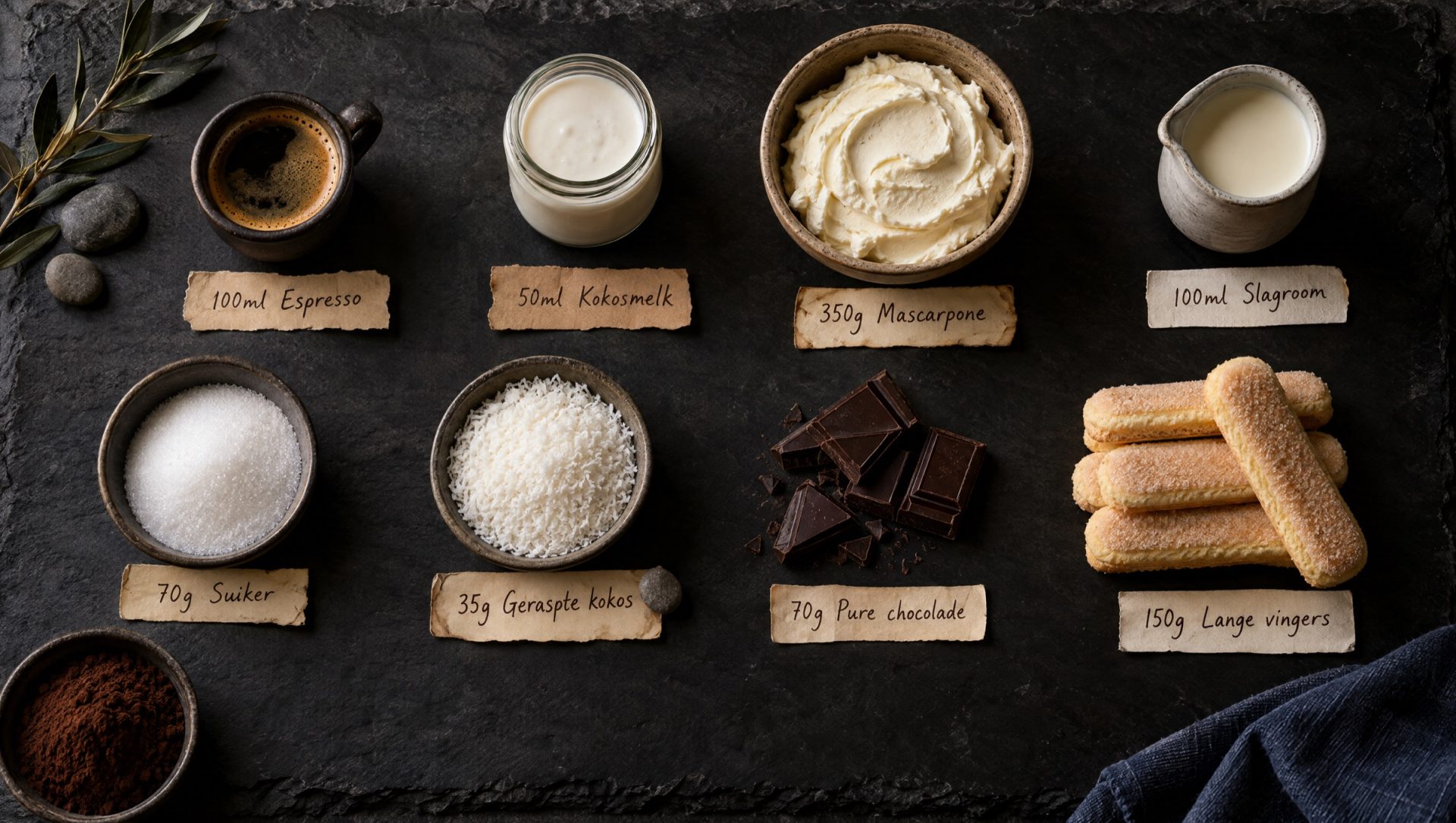 Ingrediënten voor tiramisu met kokos: lange vingers, mascarpone, slagroom, kokos, chocolade, espresso en kokosmelk