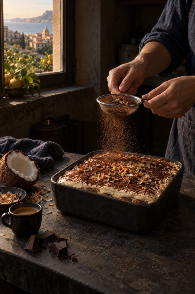 Handen van de kok strooien cacao over tiramisu met kokos in een donkere keuken, door het raam de Siciliaanse kust