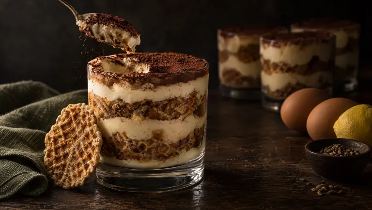 Tiramisu uit Abruzzo in vier glaasjes op een oude houten tafel, met ferratelle, eieren, citroen en anijszaad