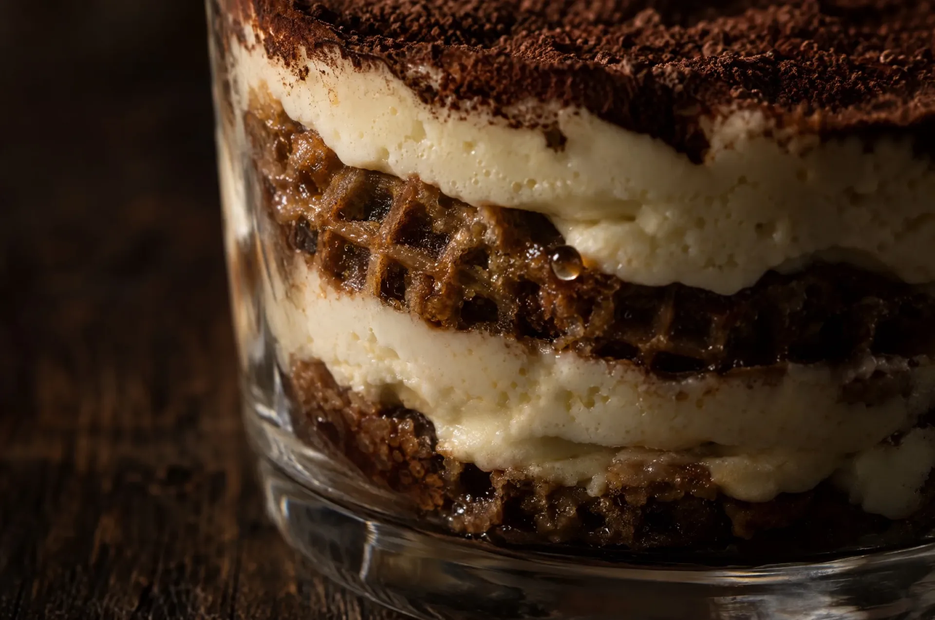 Doorsnede van tiramisu uit Abruzzo in een glas: lagen mascarponecrème, doorweekte ferratelle en een laag cacao
