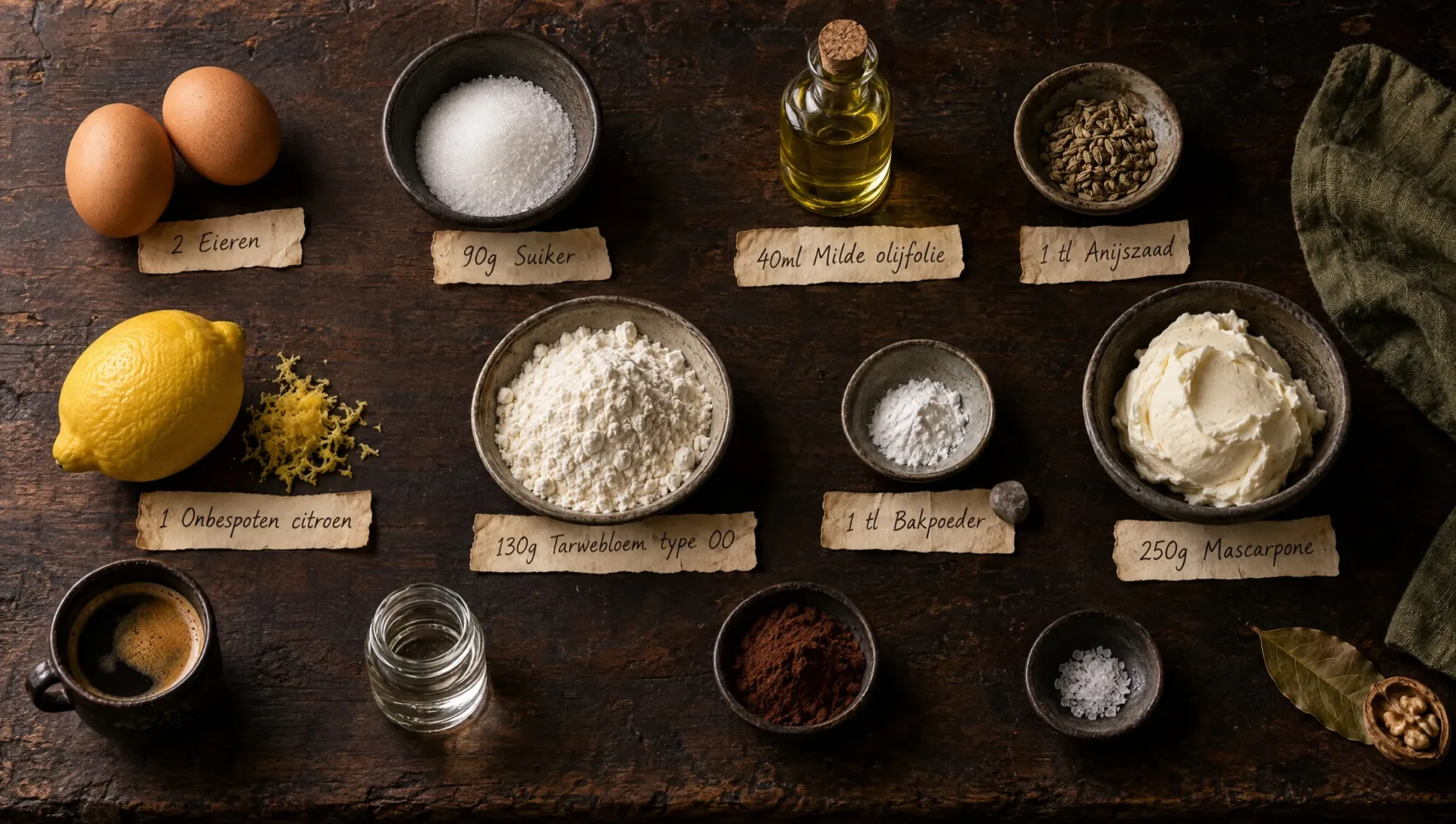 Ingrediënten voor tiramisu uit Abruzzo: eieren, olijfolie, anijszaad, citroen, bloem, mascarpone, espresso, sambuca en cacao