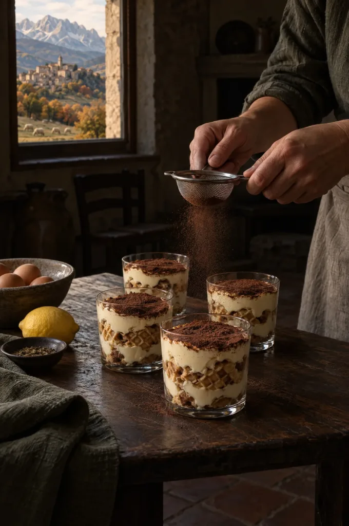 Handen van de kok zeven cacao over tiramisu uit Abruzzo in een donkere keuken, door het raam de bergen van de Gran Sasso