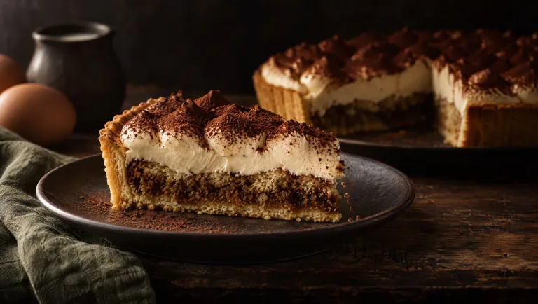 Punt tiramisutaart met mascarponeroom en cacao op een donker bord, met eieren en een melkkan op een donkere houten tafel