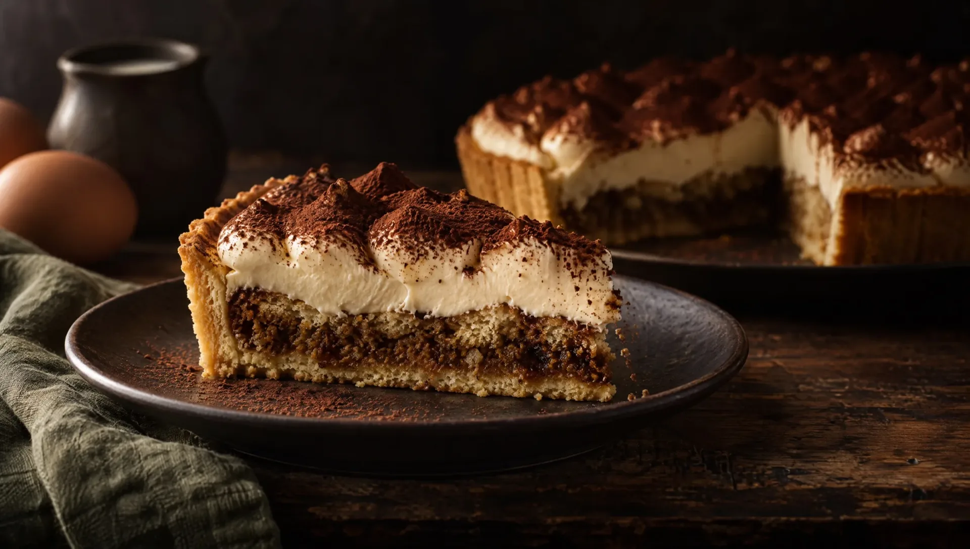 Punt tiramisutaart met mascarponeroom en cacao op een donker bord, met eieren en een melkkan op een donkere houten tafel