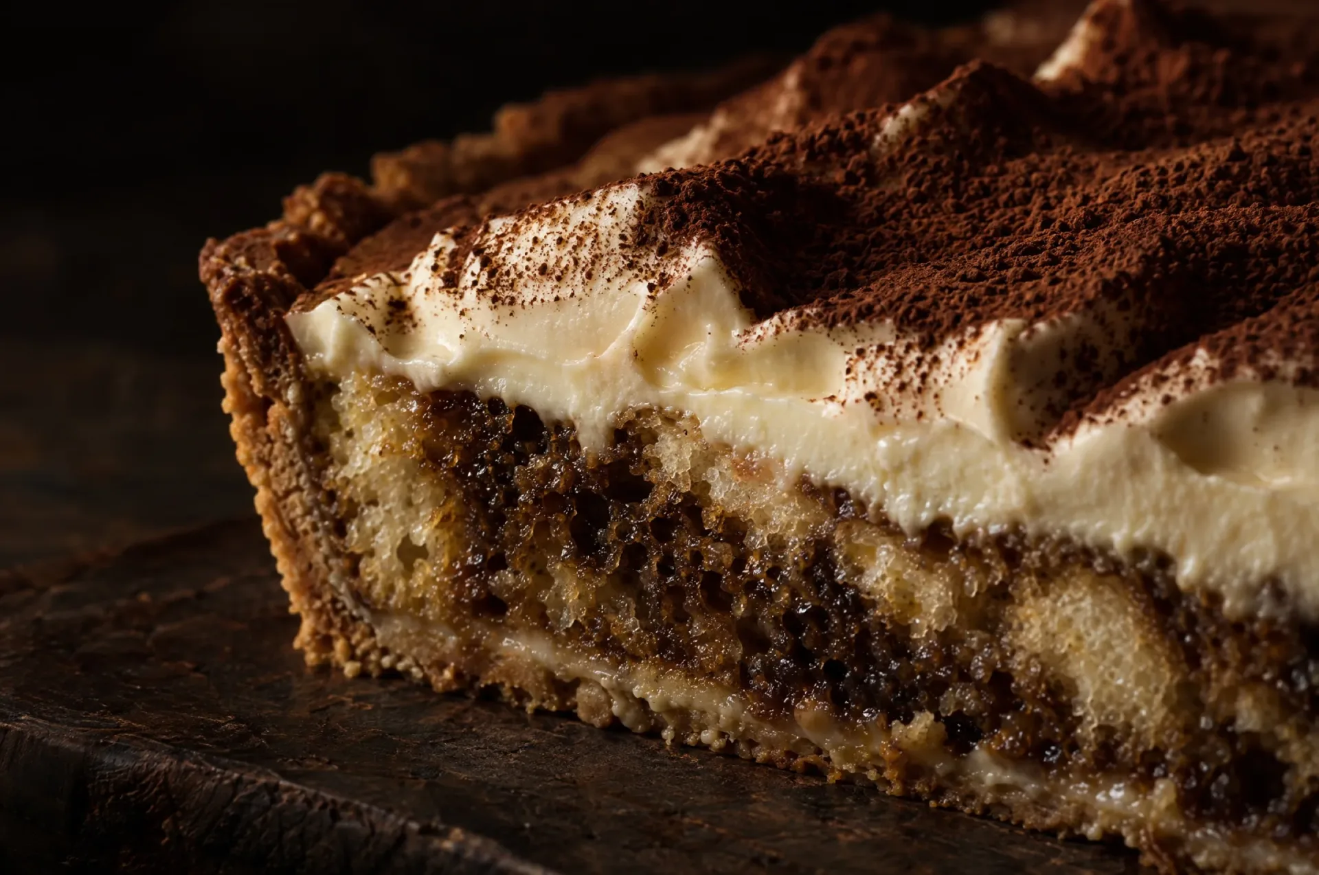 Close-up van een punt tiramisutaart: met espresso doortrokken bodem onder golven mascarponeroom en een laag cacao