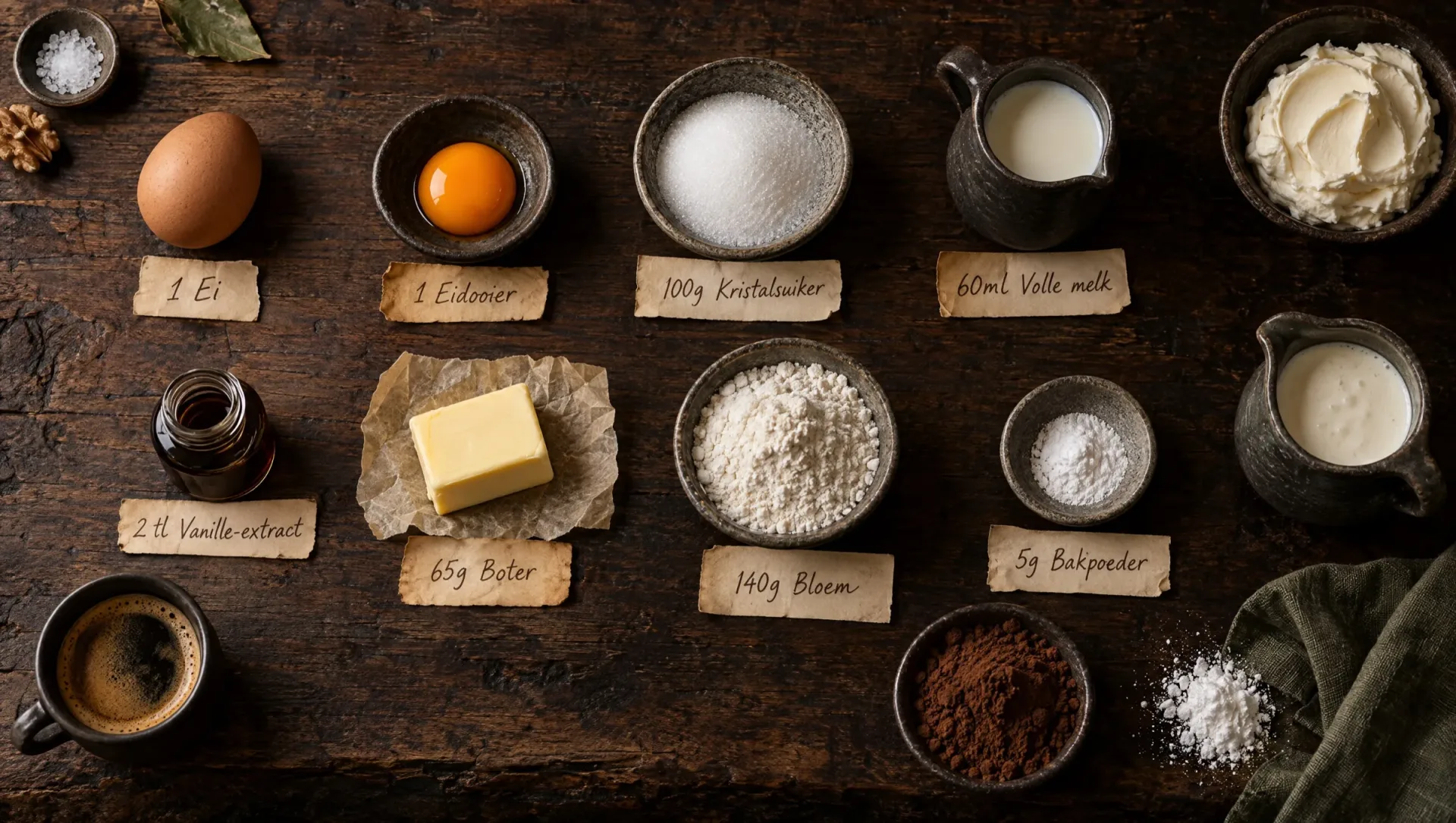 Ingrediënten voor tiramisutaart: mascarpone, slagroom, eieren, bloem, suiker, boter, espresso en cacaopoeder