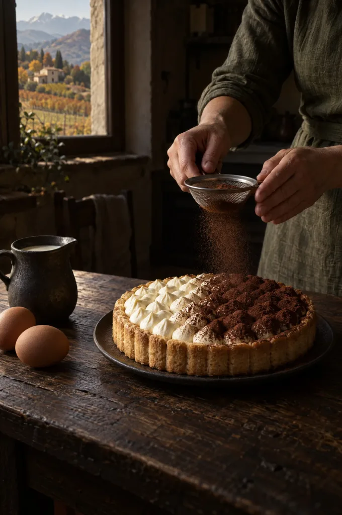 Handen van de kok zeven cacao over tiramisutaart in een donkere keuken bij het raam, met zicht op de heuvels van Friuli