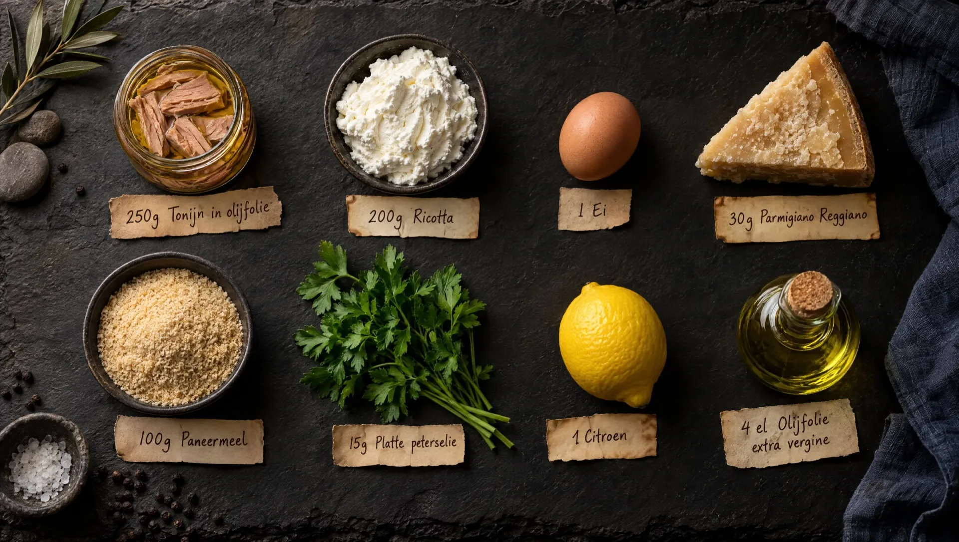 Ingrediënten voor tonijnballetjes: tonijn in olie, ricotta, ei, Parmigiano, paneermeel, peterselie, citroen en olijfolie