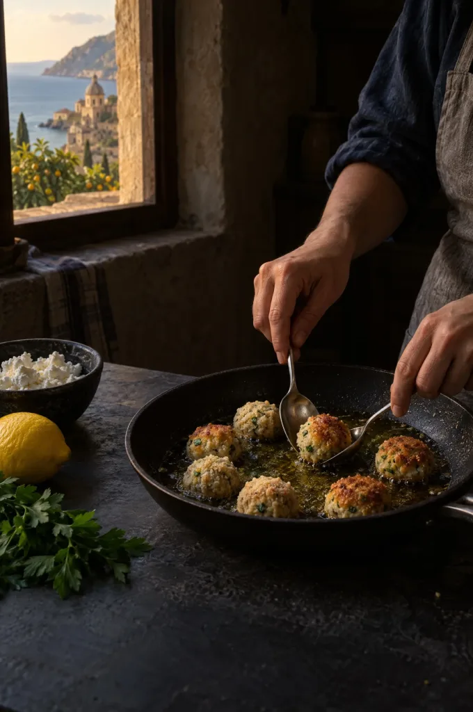 Handen van de kok keren tonijnballetjes in een pan met olijfolie in een donkere keuken, door het raam de Siciliaanse kust