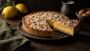 Torta della nonna op een houten tafel in Toscane in de herfst, met citroenen, eieren, melk en pijnboompitten