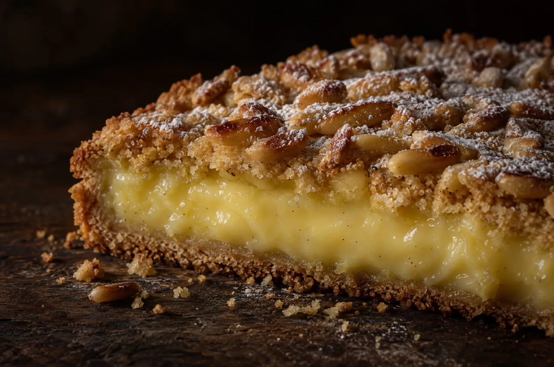 Close-up van torta della nonna: een aangesneden punt met gele banketbakkersroom, bros zanddeeg en geroosterde pijnboompitten