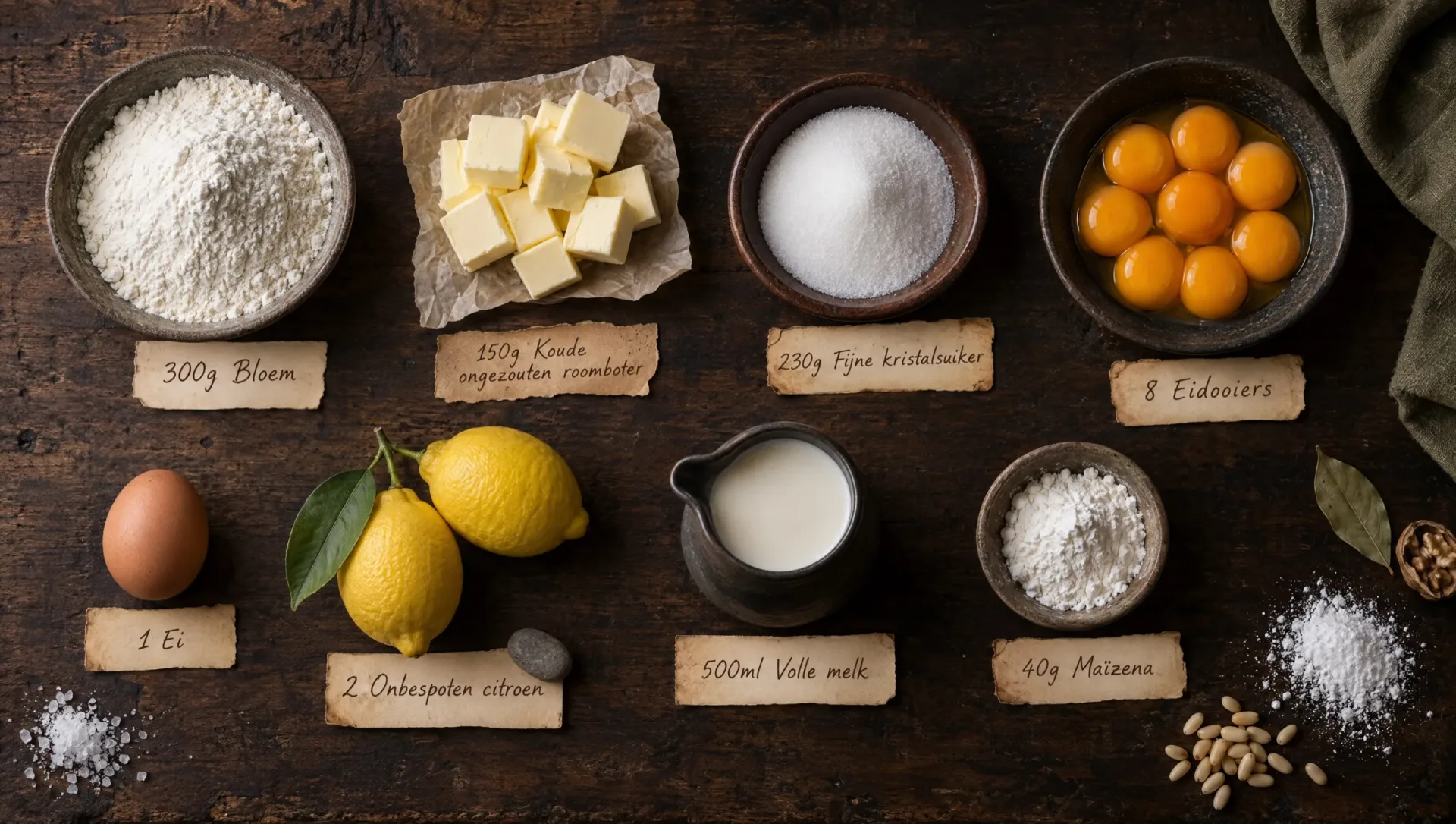 Ingrediënten voor torta della nonna: bloem, boter, eieren, suiker, melk, citroenen, maïzena en pijnboompitten